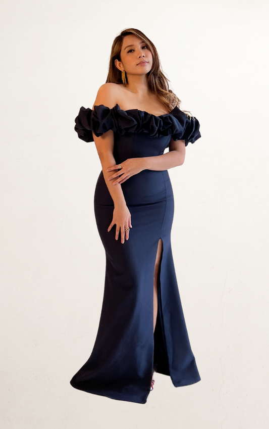 Blue Off-Shoulder Ruffle Dress