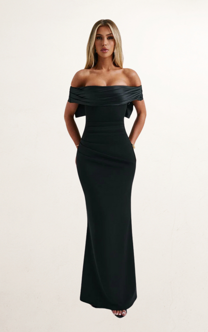 Black Off-Shoulder Satin Bow Maxi Dress