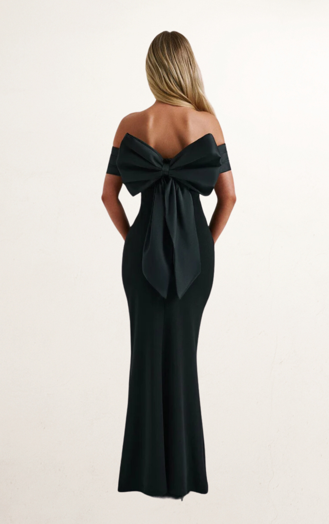 Black Off-Shoulder Satin Bow Maxi Dress