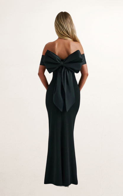 Black Off-Shoulder Satin Bow Maxi Dress