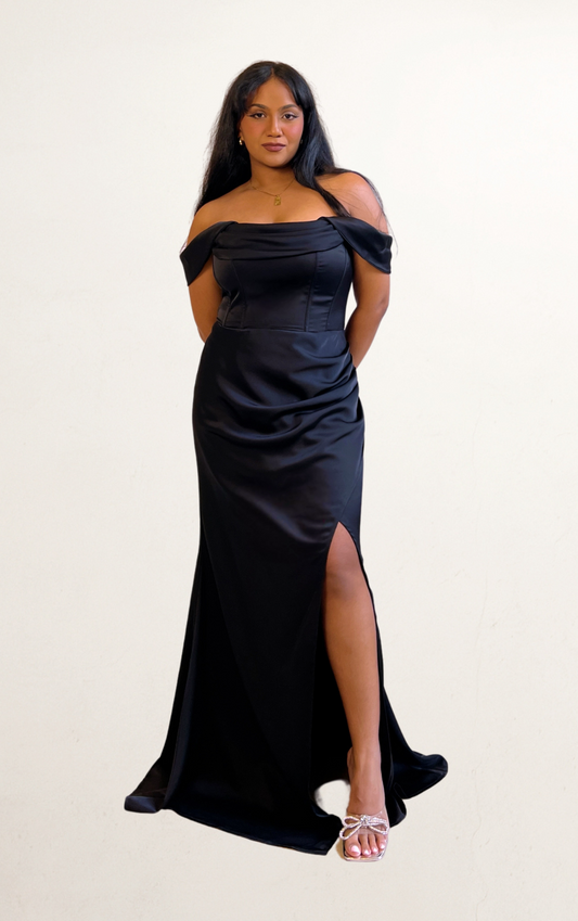 Black Bardot Fishtail Satin Off-Shoulder Dress