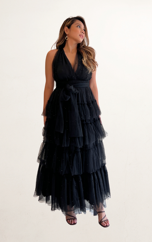 Black Beaded Deep V Tulle Dress