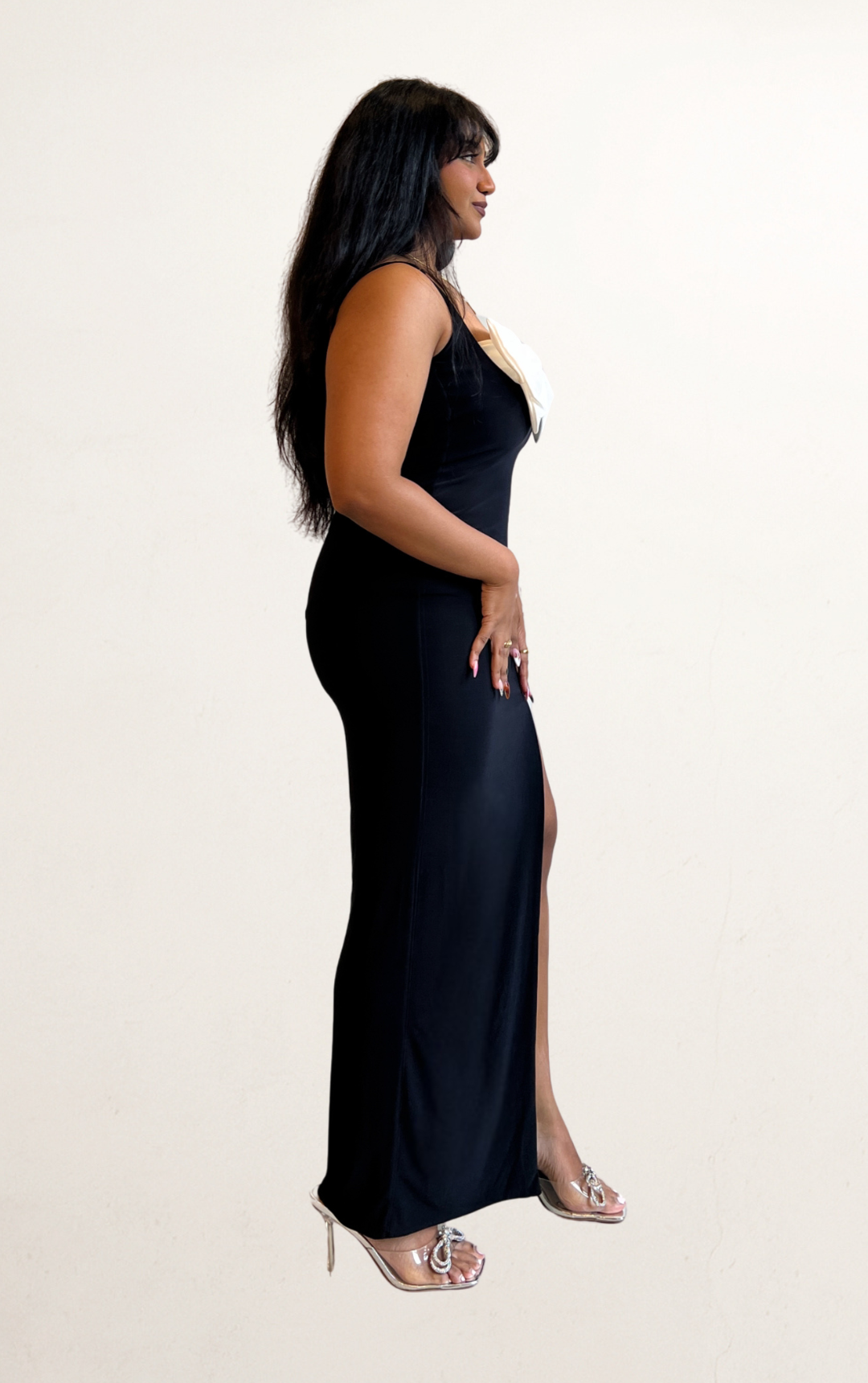 Black Bodycon Maxi Dress with White Bow