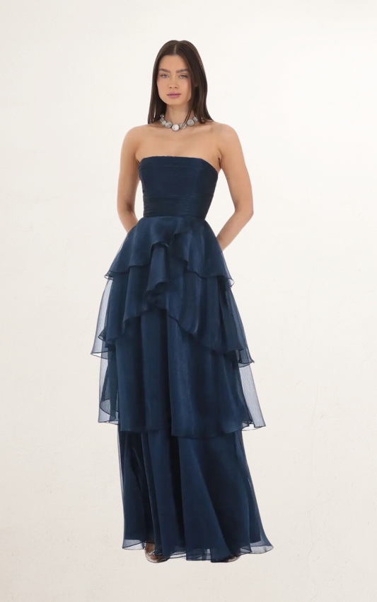 Blue Corset Ruffle Strapless Maxi Dress