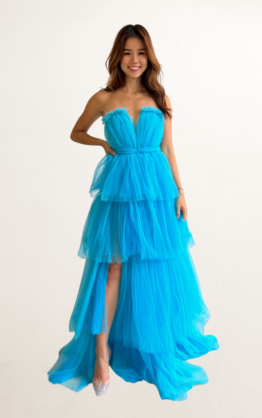 Blue Lexi Off-Shoulder Layered Tulle Dress