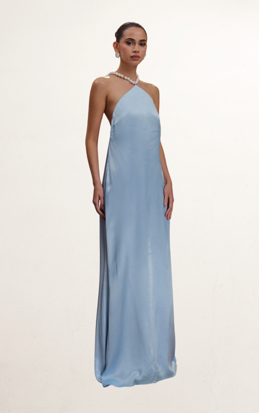 Blue Satin Pearl Halter Maxi Dress